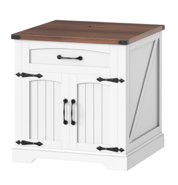 HOOBRO Farmhouse End Tables for Living Room, 23.6" Large End Table with Charging Station, Sofa Side Table with Drawer, Large Square Nightstand, Flip Top