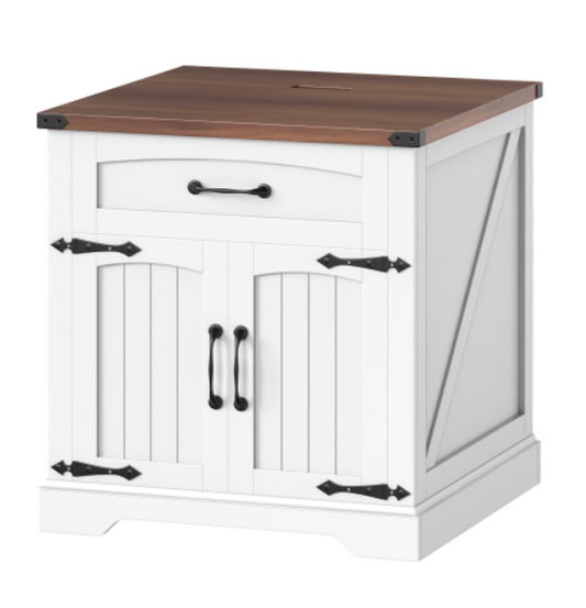 HOOBRO Farmhouse End Tables for Living Room, 23.6" Large End Table with Charging Station, Sofa Side Table with Drawer, Large Square Nightstand, Flip Top