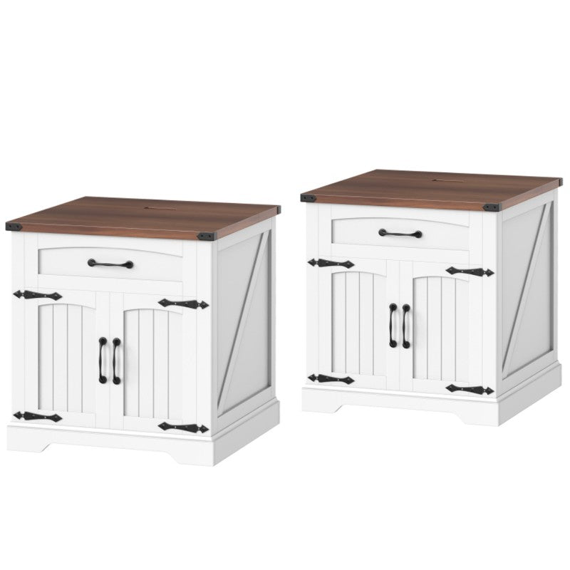 HOOBRO Farmhouse End Tables for Living Room, 23.6" Large End Table with Charging Station, Sofa Side Table with Drawer, Large Square Nightstand, Flip Top