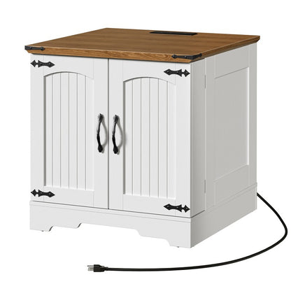 HOOBRO Farmhouse End Table with Charging Station, 23.6" Large End Tables Living Room with Door Storage Racks, Rustic Wooden Nightstand Bedside Table, Square Side Table