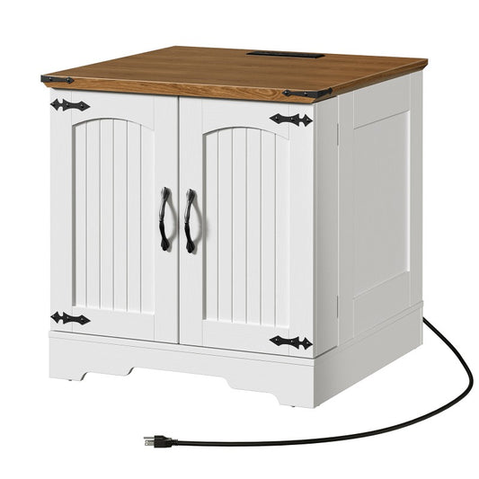 HOOBRO Farmhouse End Table with Charging Station, 23.6" Large End Tables Living Room with Door Storage Racks, Rustic Wooden Nightstand Bedside Table, Square Side Table