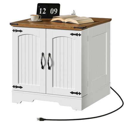 HOOBRO Farmhouse End Table with Charging Station, 23.6" Large End Tables Living Room with Door Storage Racks, Rustic Wooden Nightstand Bedside Table, Square Side Table