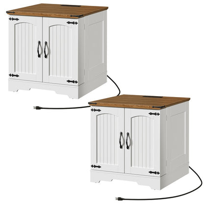 HOOBRO Farmhouse End Table with Charging Station, 23.6" Large End Tables Living Room with Door Storage Racks, Rustic Wooden Nightstand Bedside Table, Square Side Table