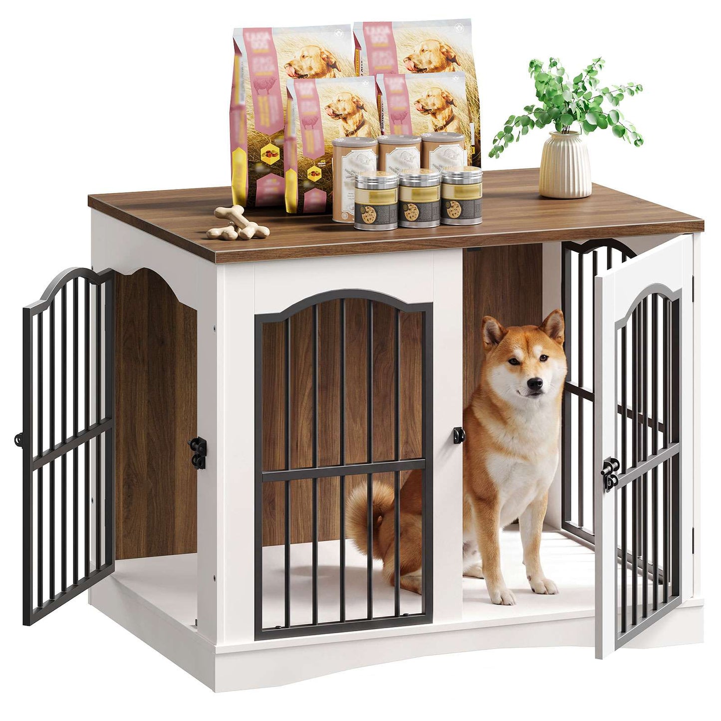 HOOBRO Wooden Heavy Duty Furniture Style Dog Crate & TV Stand with Divider