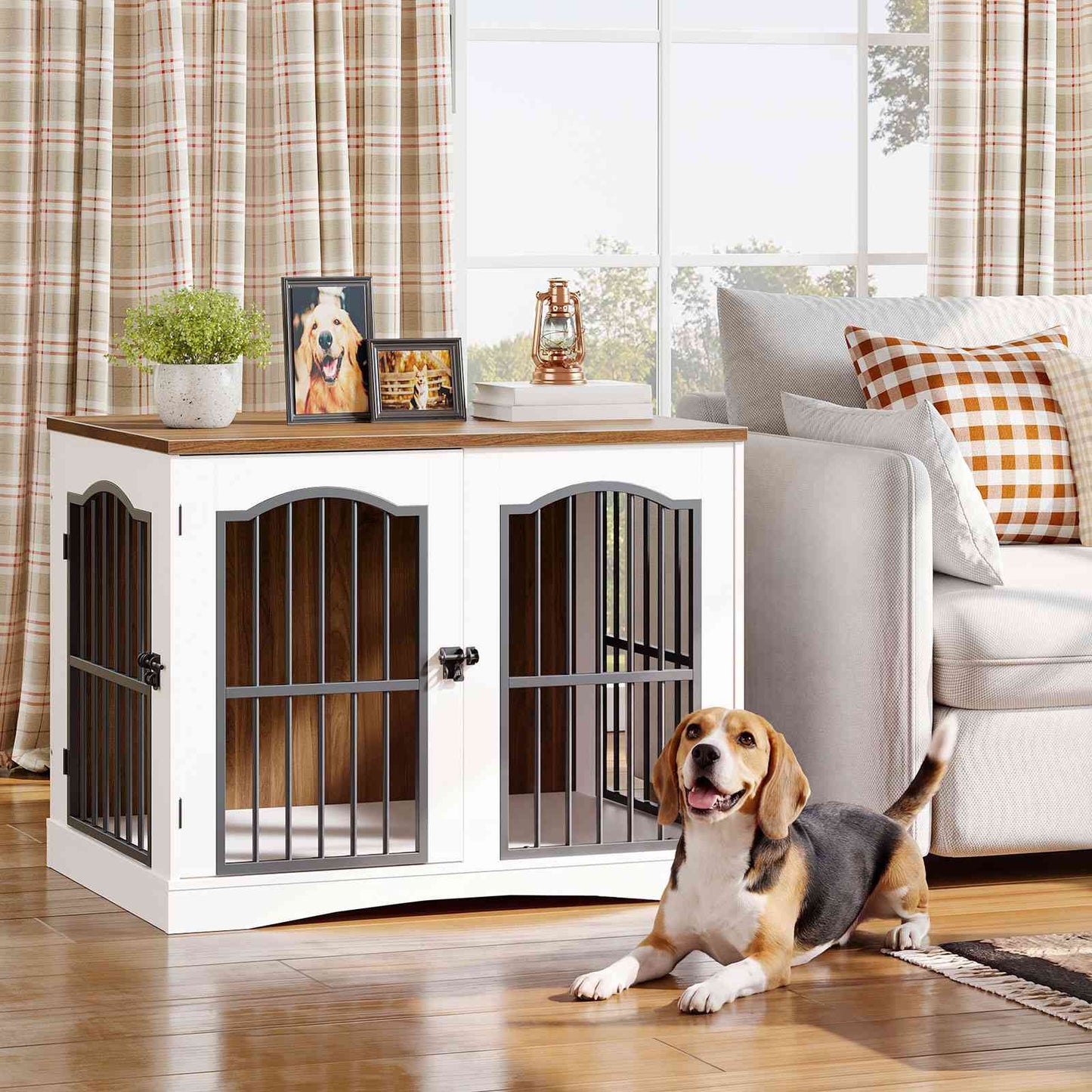 HOOBRO Wooden Heavy Duty Furniture Style Dog Crate & TV Stand with Divider