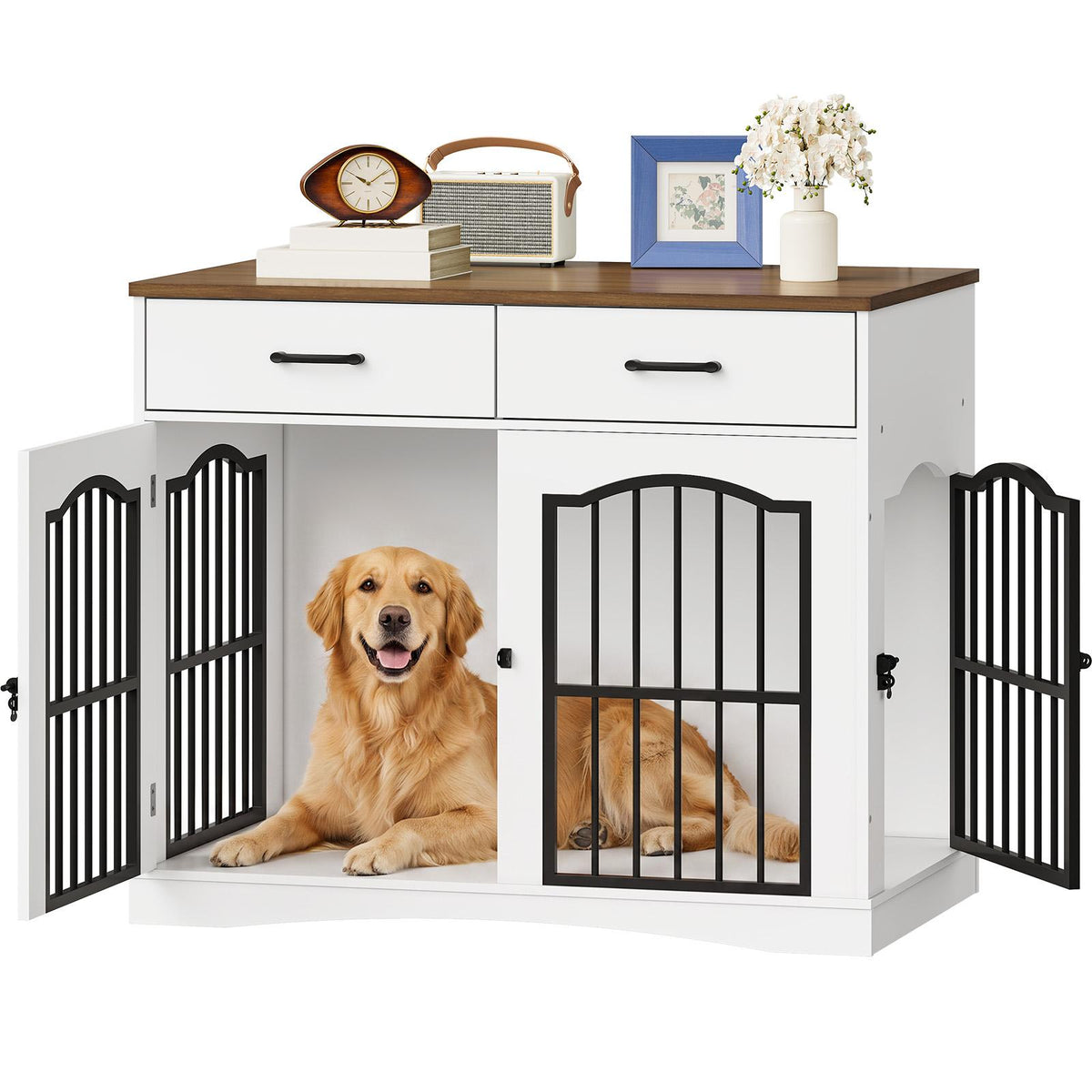 HOOBRO Furniture Style Double Dog Crate with Drawers & Removable Divider
