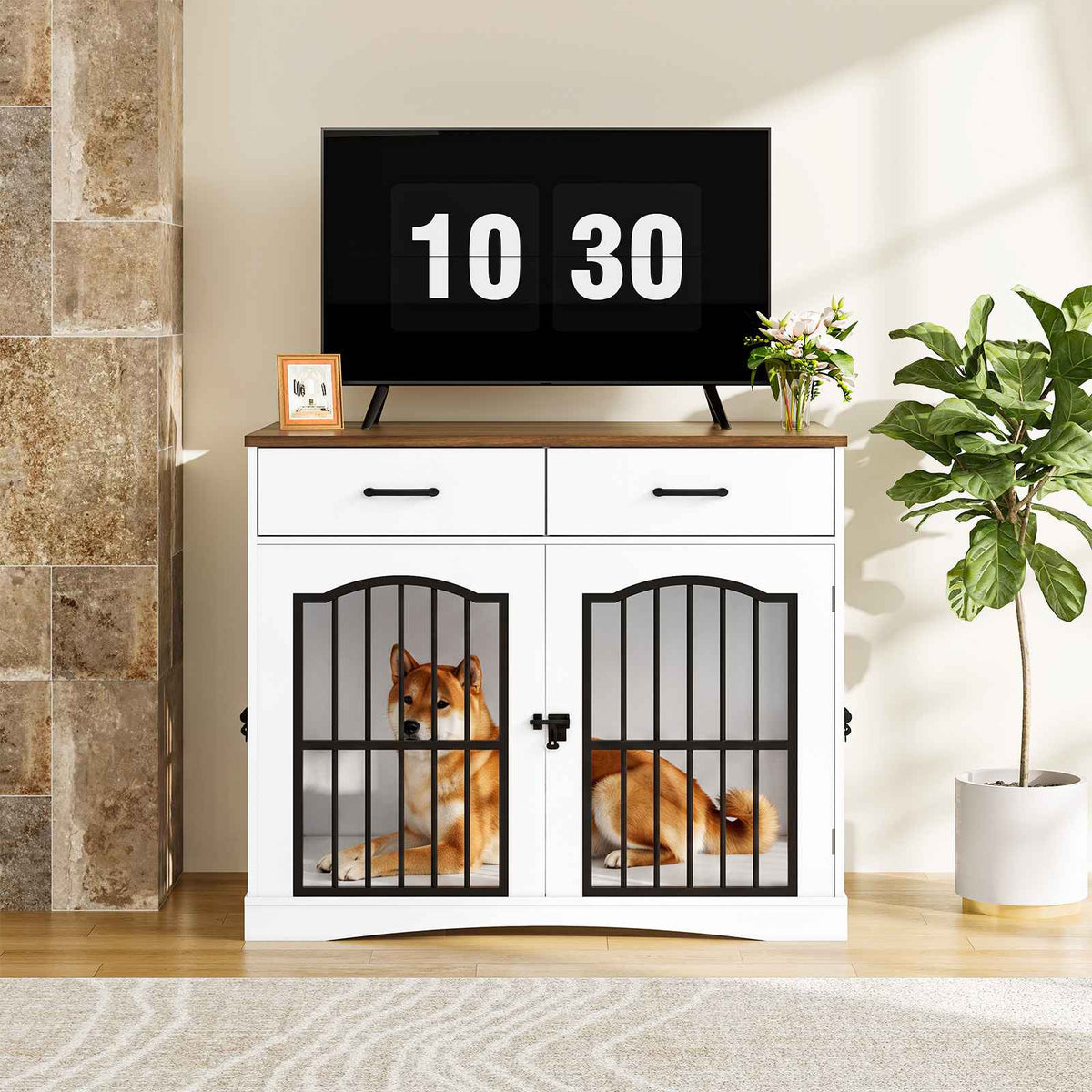 HOOBRO Furniture Style Double Dog Crate with Drawers & Removable Divider