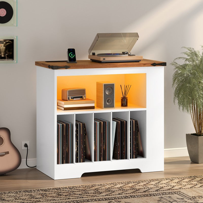 HOOBRO Large Record Player Stand with Charging Station & LED Lights, Vinyl Record Storage Cabinet with 21 Color Light Strip, Turntable Holder for Living Room, Bedroom