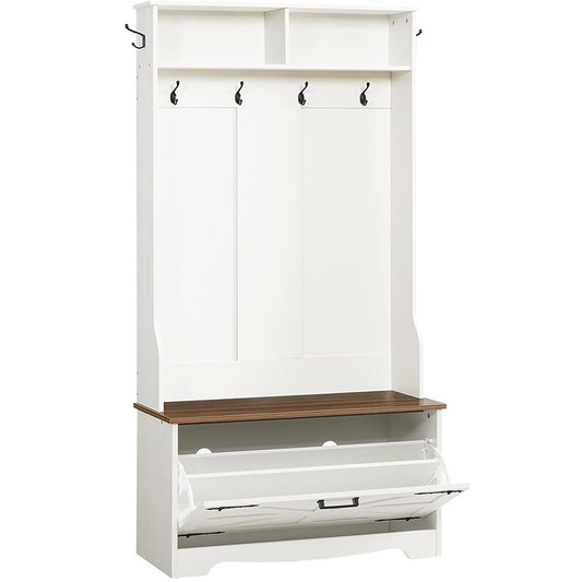 HOOBRO Hall Tree with Bench, Entryway Bench with Coat Rack and Shoe Cabinet, Flip Drawers, Farmhouse Hall Tree with Shoe Organizer, Mud Room