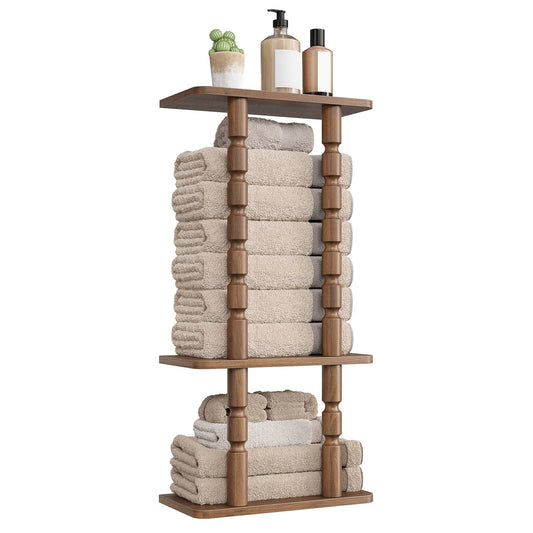 HOOBRO Wall Mounted Wooden Bathroom Towel Storage Rack, Rustic Brown Organizer