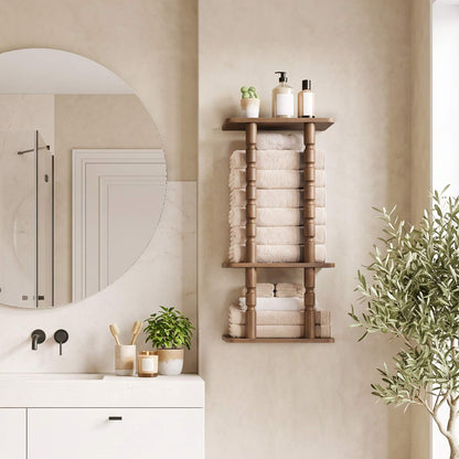 HOOBRO Wall Mounted Wooden Bathroom Towel Storage Rack, Rustic Brown Organizer