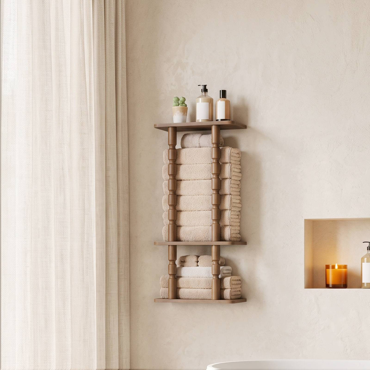 HOOBRO Wall Mounted Wooden Bathroom Towel Storage Rack, Rustic Brown Organizer