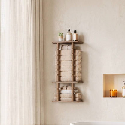 HOOBRO Wall Mounted Wooden Bathroom Towel Storage Rack, Rustic Brown Organizer