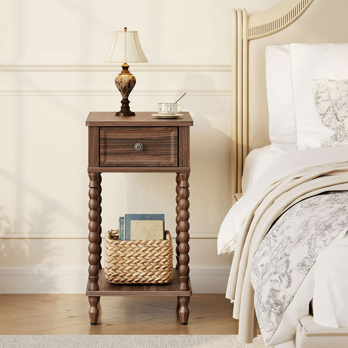 HOOBRO Vintage Slim End Table with Drawer and Storage Shelf for Small Spaces
