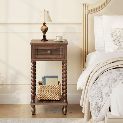 HOOBRO Vintage Slim End Table with Drawer and Storage Shelf for Small Spaces