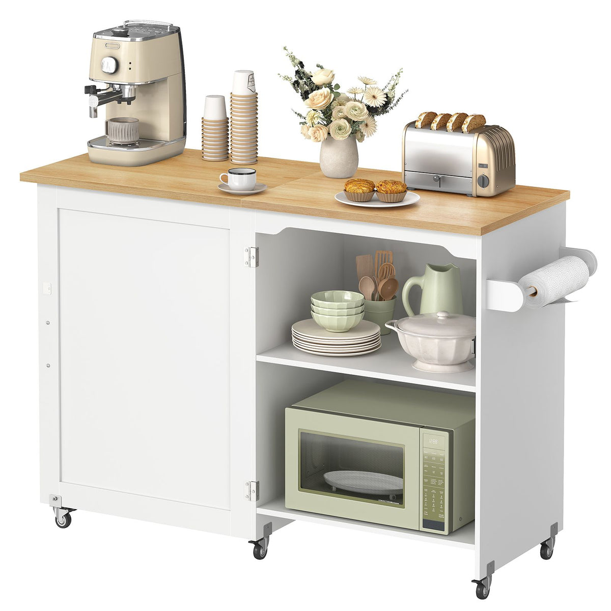 HOOBRO Mobile Kitchen Island Cart with Drop Leaf and Sliding Door Storage