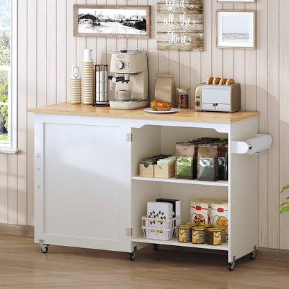 HOOBRO Mobile Kitchen Island Cart with Drop Leaf and Sliding Door Storage