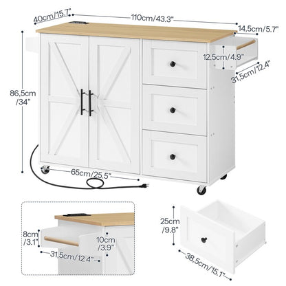 HOOBRO Kitchen Island with Power Outlet, Kitchen Island on Wheels, Rolling Kitchen Island Cart with 3 Drawers, Storage Cabinet and Adjustable Shelf, for Home and Kitchen