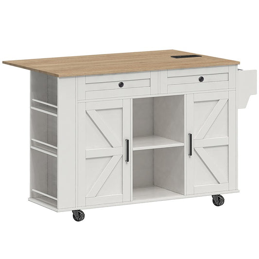 HOOBRO Rolling Kitchen Island with Drop Leaf Bar Countertop & Power Outlet, Farmhouse Kitchen Cart with Storage, 47" Kitchen Island Cart with Side Spice Rack & 2 Drawers