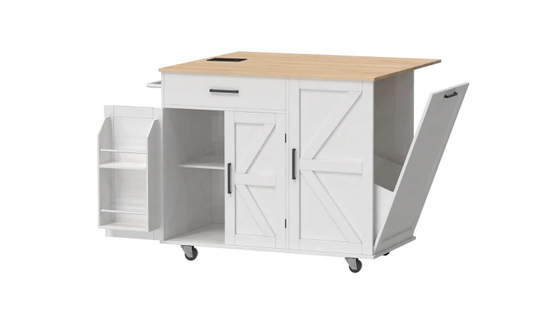 HOOBRO Kitchen Island with Drop Leaf, Rolling Kitchen Island with Storage and Power Outlet, Kitchen Cart with Trash Can and Adjustable Shelves, Towel and Spice Rack, for Dining Room