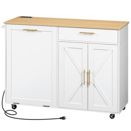 HOOBRO Kitchen Island with Trash Can Storage, 47" Rolling Kitchen Island Cart with Power Outlet & Drawer, Kitchen Carts on Wheels with Storage, Mobile Island Table