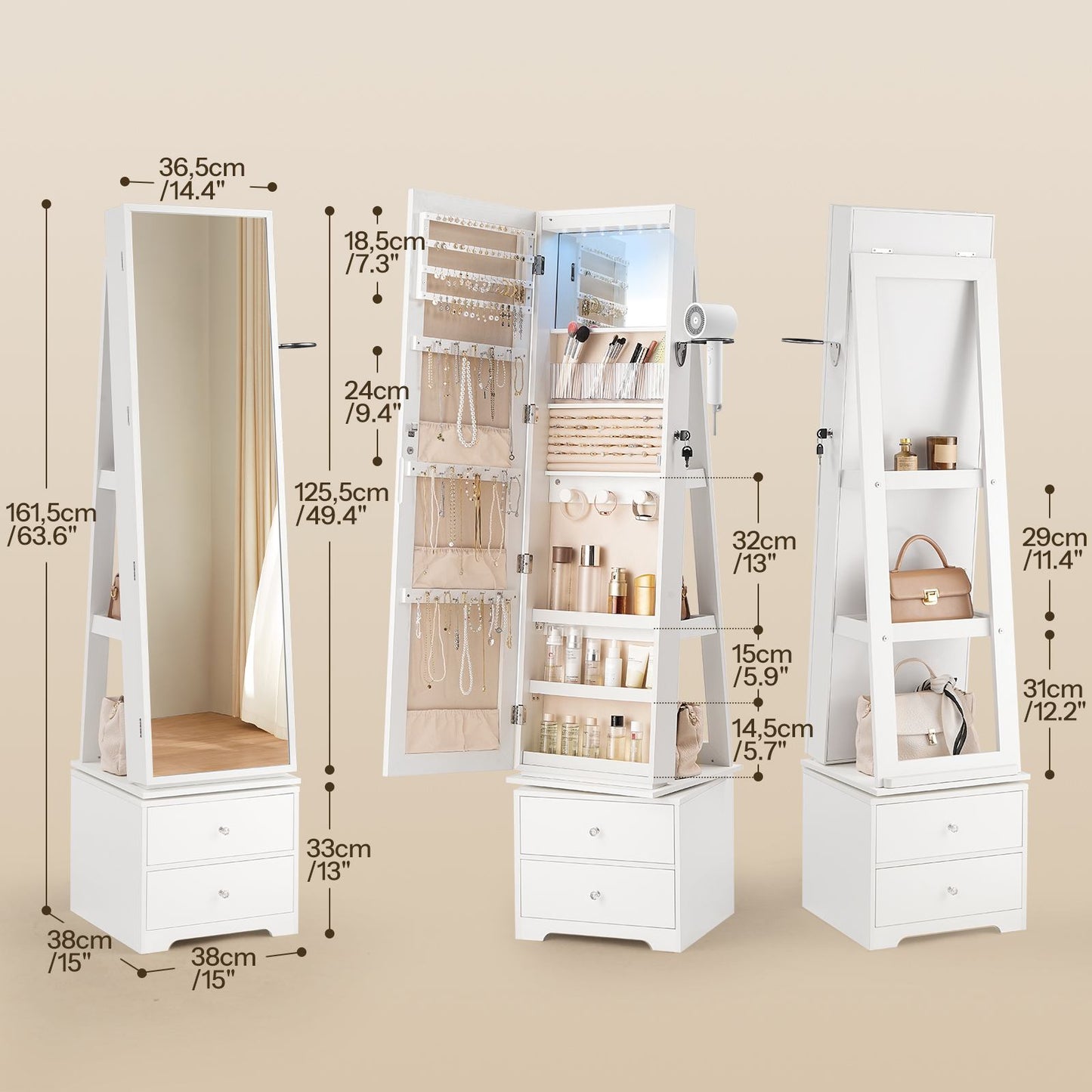 HOOBRO Full Length 360° Swivel Jewelry Armoire with LED Light & Full Mirror