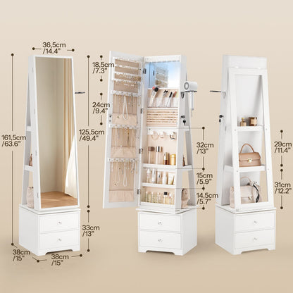 HOOBRO Full Length 360° Swivel Jewelry Armoire with LED Light & Full Mirror