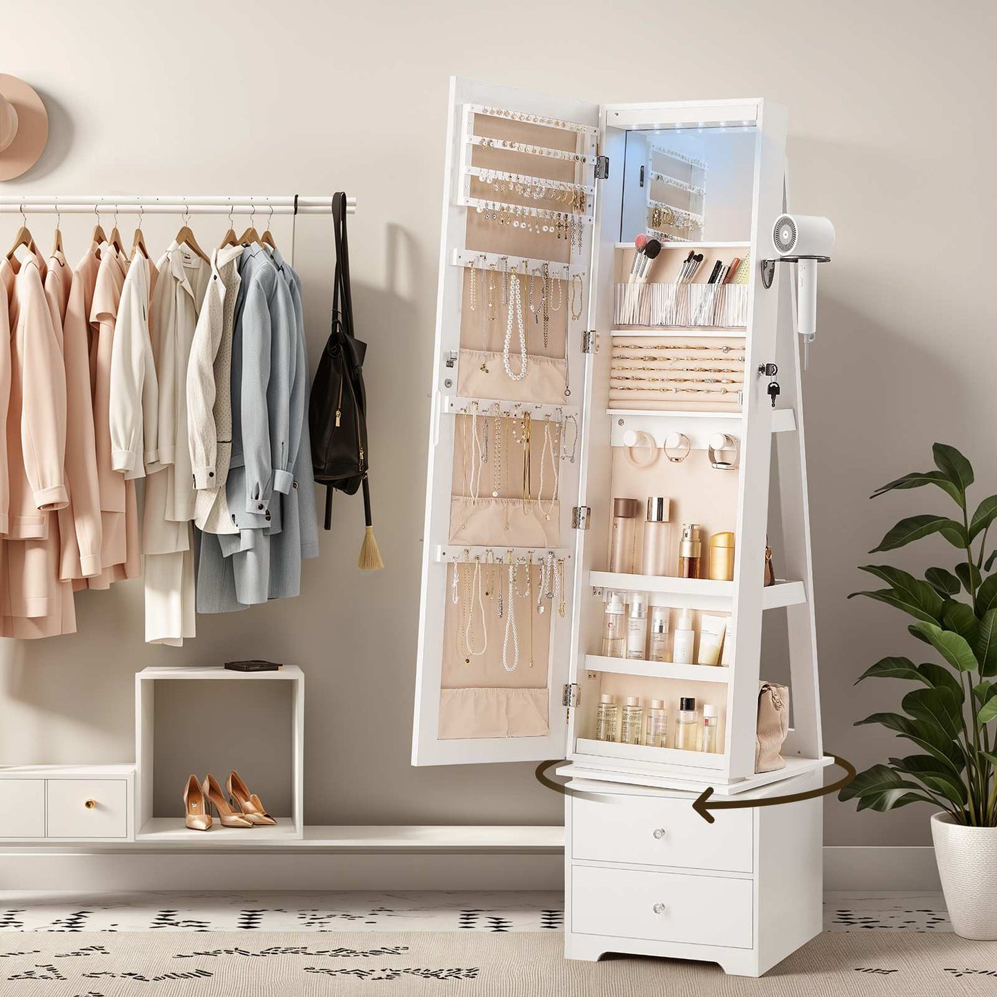 HOOBRO Full Length 360° Swivel Jewelry Armoire with LED Light & Full Mirror
