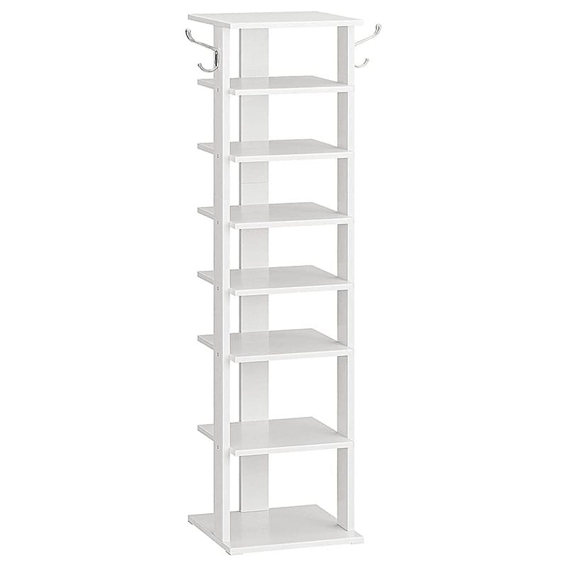 A tall white 8-tier shoe rack with two metal coat hooks on the top shelf, shown against a plain white background.