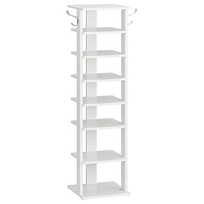 A tall white 8-tier shoe rack with two metal coat hooks on the top shelf, shown against a plain white background.
