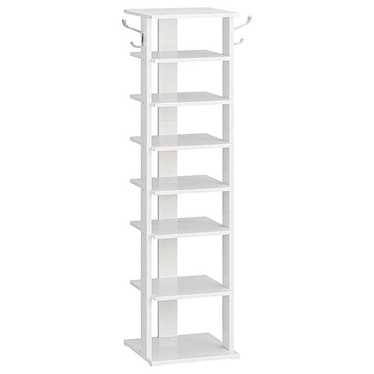 A tall white 8-tier shoe rack with two metal coat hooks on the top shelf, shown against a plain white background.