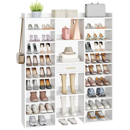 HOOBRO 10 Tier Shoe Rack Tall, Tall Shoe Cabinet, 47" Large Shoe Rack, Wooden Shoe Cabinet Organizer with Cubbies and Fabric Drawer, for 25-33 Pairs of Shoes, Freestanding, for Closet