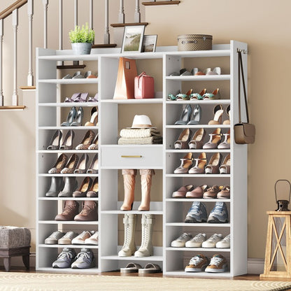 HOOBRO 10 Tier Shoe Rack Tall, Tall Shoe Cabinet, 47" Large Shoe Rack, Wooden Shoe Cabinet Organizer with Cubbies and Fabric Drawer, for 25-33 Pairs of Shoes, Freestanding, for Closet