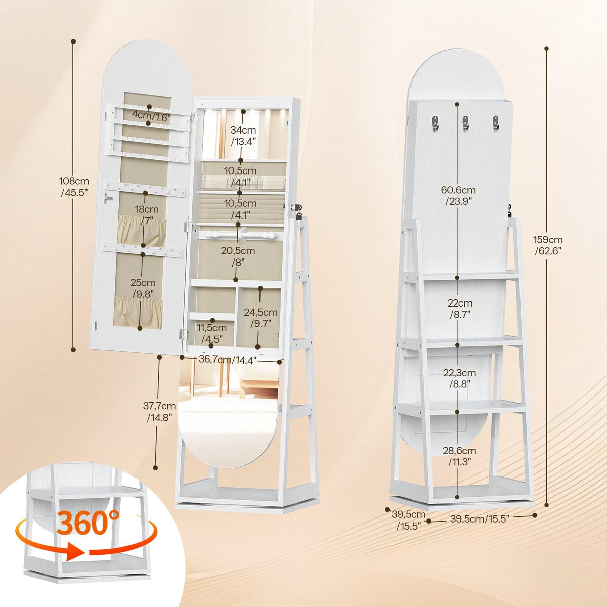 HOOBRO 360° Swivel Jewelry Armoire with Full Length Mirror and Back Shelves