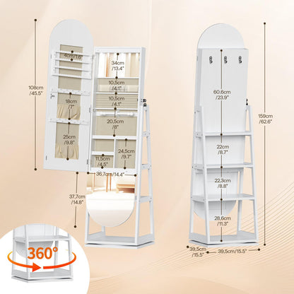 HOOBRO 360° Swivel Jewelry Armoire with Full Length Mirror and Back Shelves