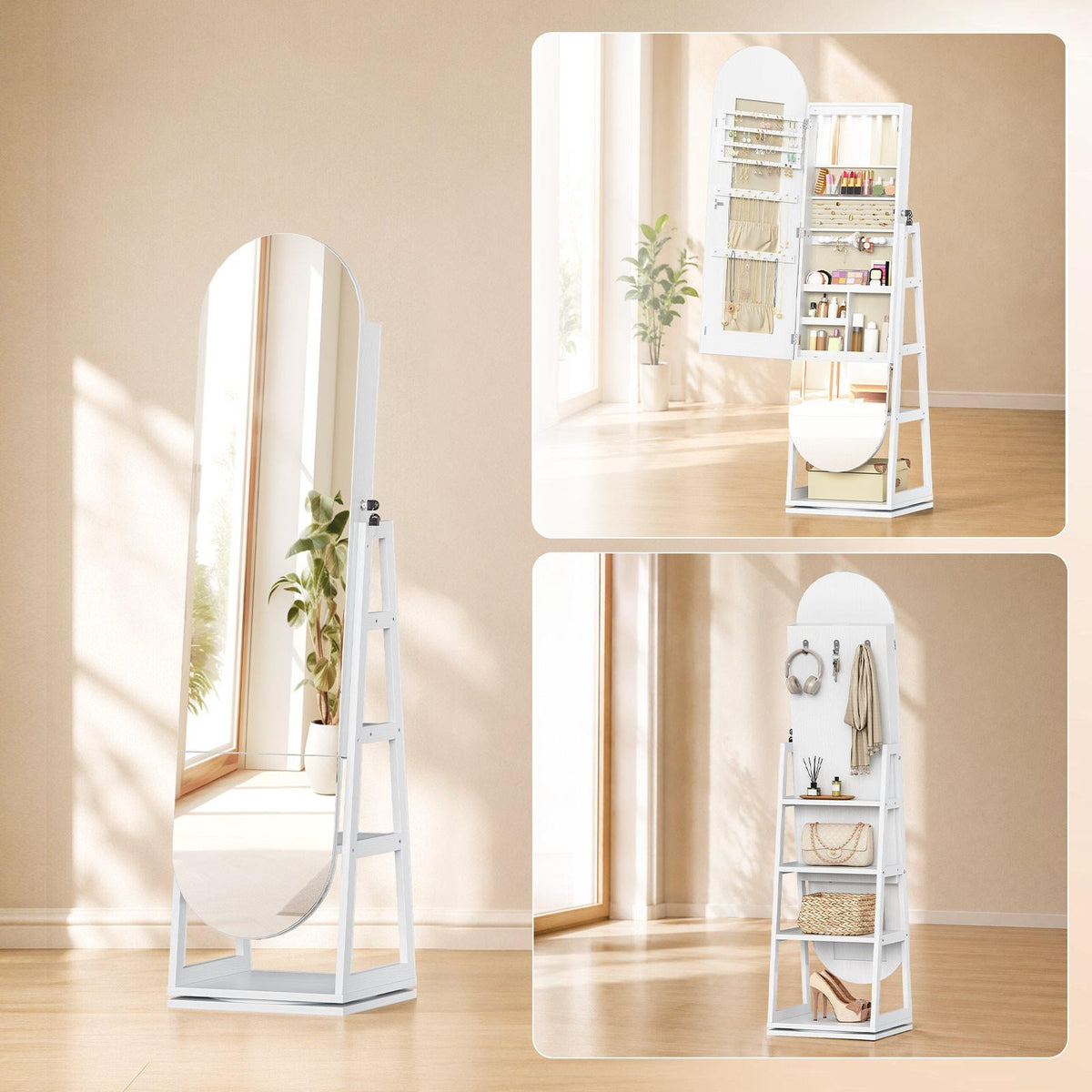 HOOBRO 360° Swivel Jewelry Armoire with Full Length Mirror and Back Shelves
