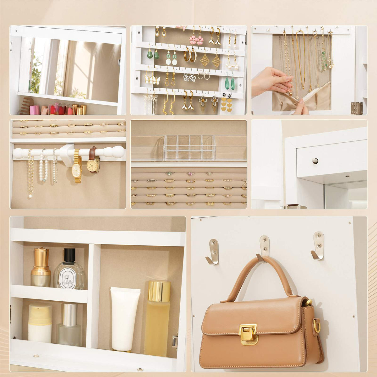 HOOBRO 360° Swivel Jewelry Armoire with Full Length Mirror and Back Shelves