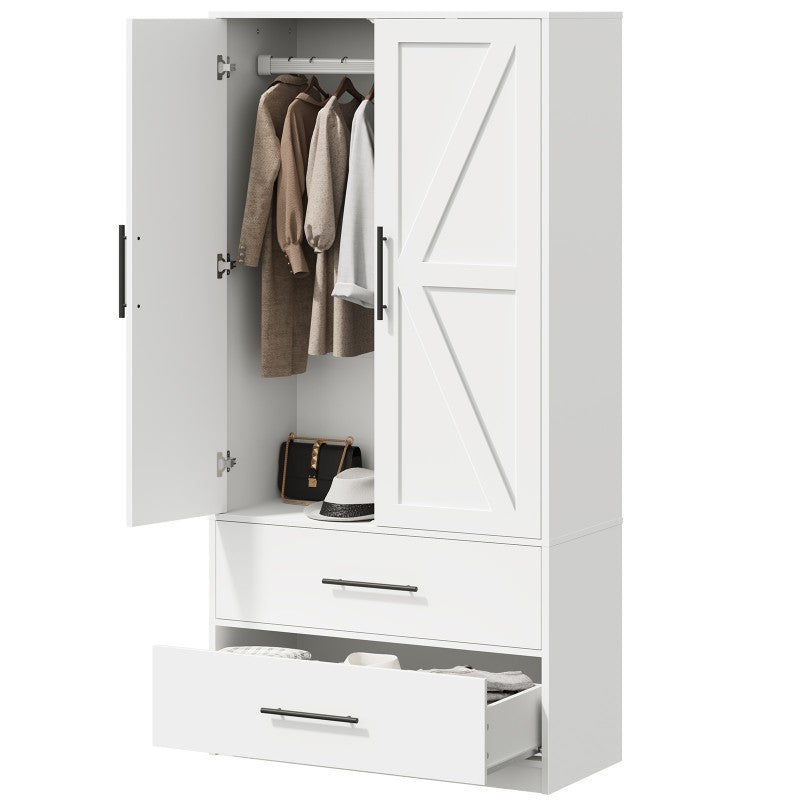 HOOBRO Armoire Wardrobe Closet with 2 Drawers, 70.9" Tall Wardrobe Cabinet with Hanging Rod, 2 Doors Bedroom Armoires, Farmhouse Clothing Storage Cabinet, Wooden Wardrobe for Bedroom