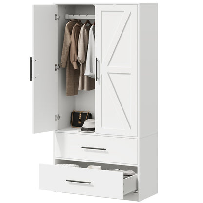 HOOBRO Armoire Wardrobe Closet with 2 Drawers, 70.9" Tall Wardrobe Cabinet with Hanging Rod, 2 Doors Bedroom Armoires, Farmhouse Clothing Storage Cabinet, Wooden Wardrobe for Bedroom