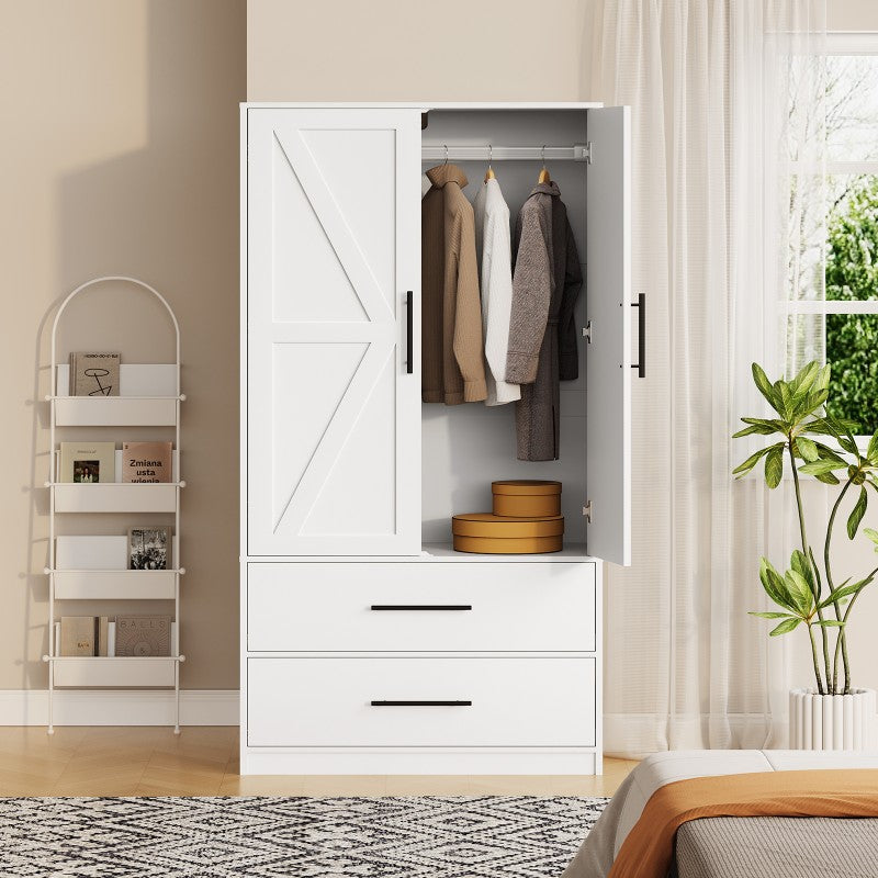 HOOBRO Armoire Wardrobe Closet with 2 Drawers, 70.9" Tall Wardrobe Cabinet with Hanging Rod, 2 Doors Bedroom Armoires, Farmhouse Clothing Storage Cabinet, Wooden Wardrobe for Bedroom