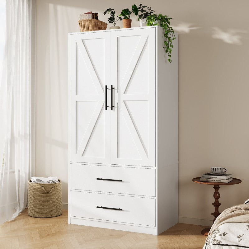 HOOBRO Armoire Wardrobe Closet with 2 Drawers, 70.9" Tall Wardrobe Cabinet with Hanging Rod, 2 Doors Bedroom Armoires, Farmhouse Clothing Storage Cabinet, Wooden Wardrobe for Bedroom