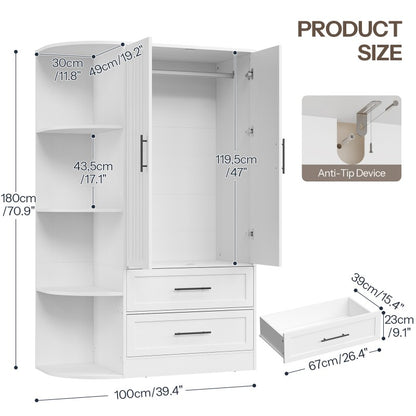 HOOBRO Wardrobe Closet with Doors, 70.9" Tall Armoire Wardrobe Closet with 4 Storage Shelves, Wooden Bedroom Armoire with 2 Drawers and Hanging Rod, Clothing Storage Cabinet for Bedroom