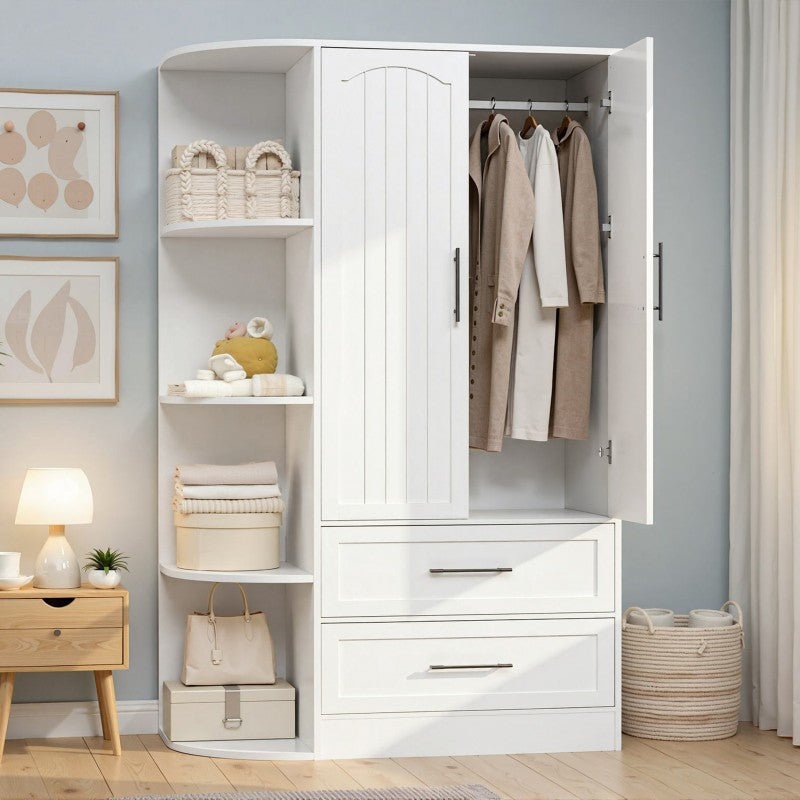 HOOBRO Wardrobe Closet with Doors, 70.9" Tall Armoire Wardrobe Closet with 4 Storage Shelves, Wooden Bedroom Armoire with 2 Drawers and Hanging Rod, Clothing Storage Cabinet for Bedroom