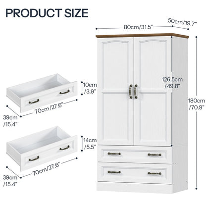 HOOBRO Armoire Wardrobe Closet with 2 Doors and 2 Drawers, 70.9" Tall Bedroom Armoire with Hanging Rod, Farmhouse Wardrobe Closet for Bedroom, Wooden Freestanding Wardrobe Closet