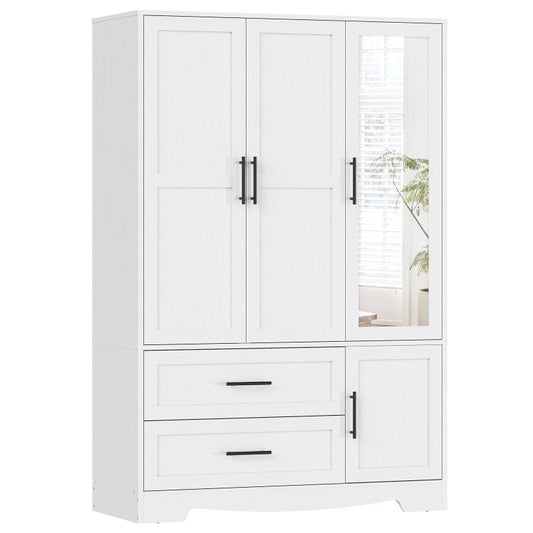 HOOBRO Armoire Wardrobe Closet with Mirror, Wooden Wardrobe Closet with 4 Doors and 2 Drawers, 70.9" Bedroom Armoire with Hanging Rod for Bedroom, Clothing Storage Closet, Adjustable Shelves