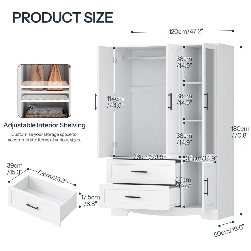 HOOBRO Armoire Wardrobe Closet with Mirror, Wooden Wardrobe Closet with 4 Doors and 2 Drawers, 70.9" Bedroom Armoire with Hanging Rod for Bedroom, Clothing Storage Closet, Adjustable Shelves