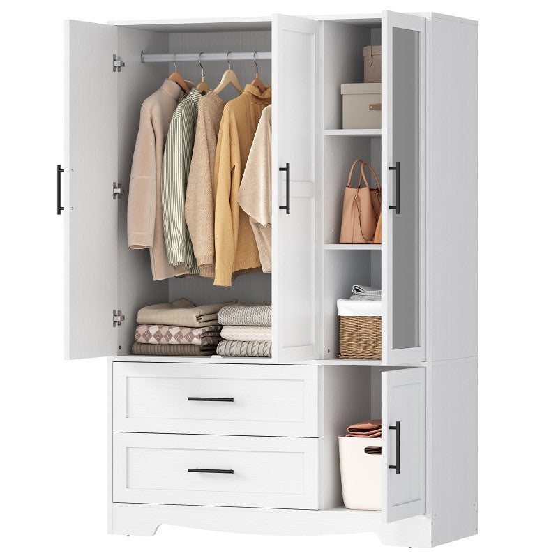 HOOBRO Armoire Wardrobe Closet with Mirror, Wooden Wardrobe Closet with 4 Doors and 2 Drawers, 70.9" Bedroom Armoire with Hanging Rod for Bedroom, Clothing Storage Closet, Adjustable Shelves