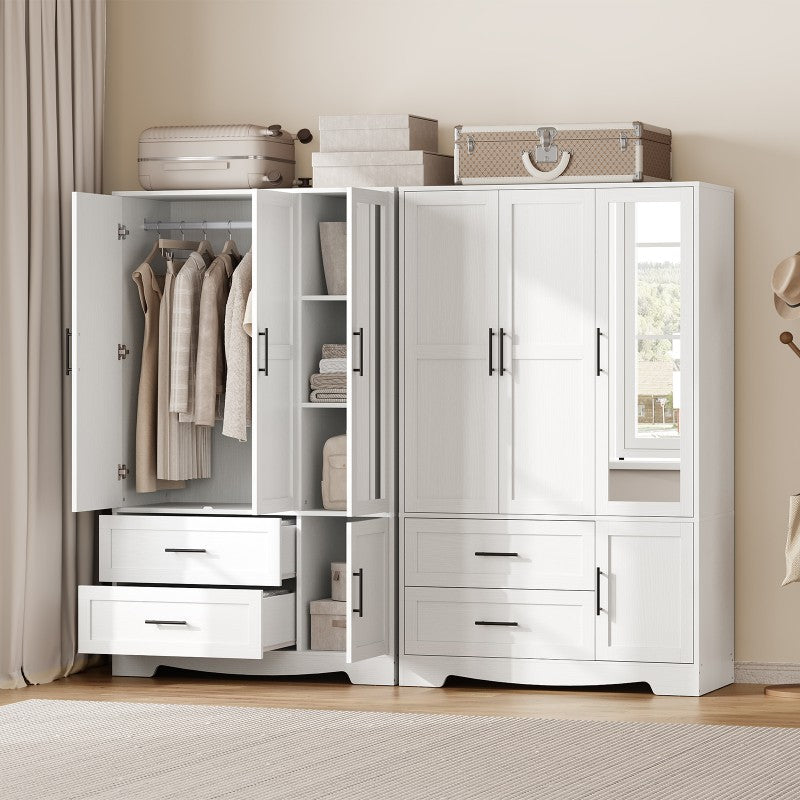 HOOBRO Armoire Wardrobe Closet with Mirror, Wooden Wardrobe Closet with 4 Doors and 2 Drawers, 70.9" Bedroom Armoire with Hanging Rod for Bedroom, Clothing Storage Closet, Adjustable Shelves