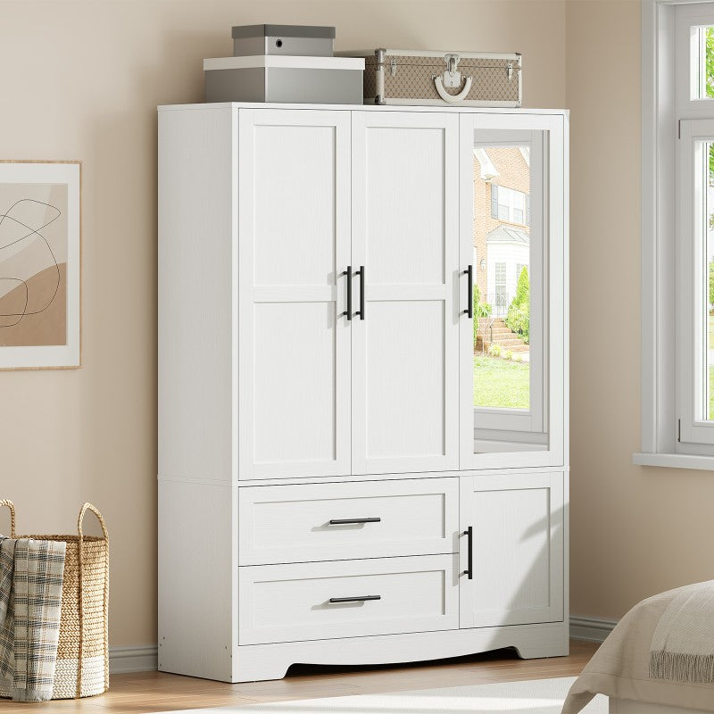 HOOBRO Armoire Wardrobe Closet with Mirror, Wooden Wardrobe Closet with 4 Doors and 2 Drawers, 70.9" Bedroom Armoire with Hanging Rod for Bedroom, Clothing Storage Closet, Adjustable Shelves