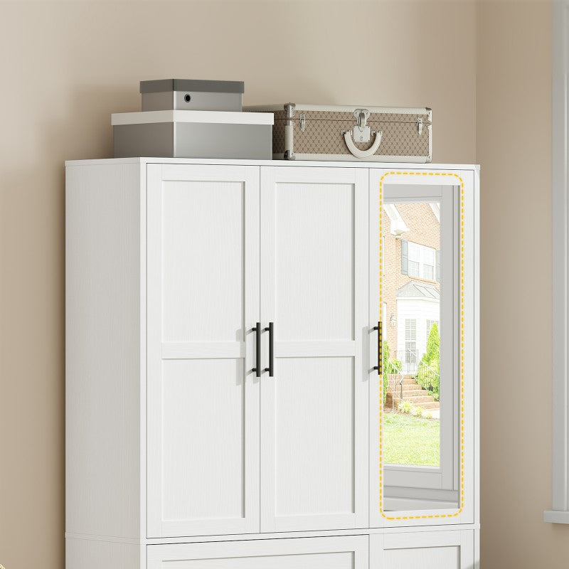 HOOBRO Armoire Wardrobe Closet with Mirror, Wooden Wardrobe Closet with 4 Doors and 2 Drawers, 70.9" Bedroom Armoire with Hanging Rod for Bedroom, Clothing Storage Closet, Adjustable Shelves